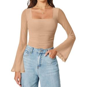 imageAvidlove Bodysuits for Women Long Bell Sleeve Mesh Square Neck Body Suits Going Out Ruched Bodysuit Tops Concert OutfitsKhaki