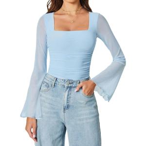 imageAvidlove Bodysuits for Women Long Bell Sleeve Mesh Square Neck Body Suits Going Out Ruched Bodysuit Tops Concert OutfitsLight Blue