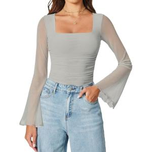 imageAvidlove Bodysuits for Women Long Bell Sleeve Mesh Square Neck Body Suits Going Out Ruched Bodysuit Tops Concert OutfitsLight Grey