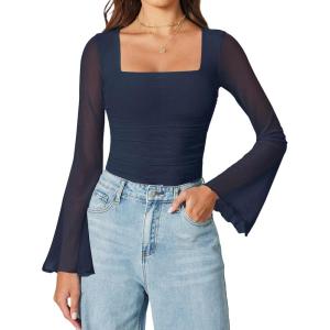 imageAvidlove Bodysuits for Women Long Bell Sleeve Mesh Square Neck Body Suits Going Out Ruched Bodysuit Tops Concert OutfitsNavy Blue