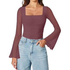 imageAvidlove Bodysuits for Women Long Bell Sleeve Mesh Square Neck Body Suits Going Out Ruched Bodysuit Tops Concert OutfitsPurple Red