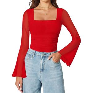 imageAvidlove Bodysuits for Women Long Bell Sleeve Mesh Square Neck Body Suits Going Out Ruched Bodysuit Tops Concert OutfitsRed