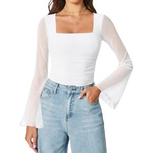 imageAvidlove Bodysuits for Women Long Bell Sleeve Mesh Square Neck Body Suits Going Out Ruched Bodysuit Tops Concert OutfitsWhite