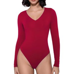 imageAvidlove Bodysuits for Women Long Sleeve V Neck Body Suit Bodysuit Double Lined Thong Body Suits Sexy TopsWine Red