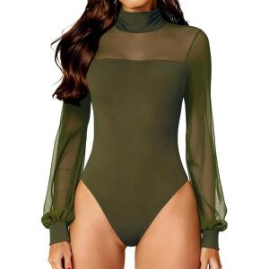 imageAvidlove Long Sleeve Body Suits Womens Mesh Turtleneck Bodysuit Thong Dressy Going Out Bodysuits Top Fall OutfitsArmy Green