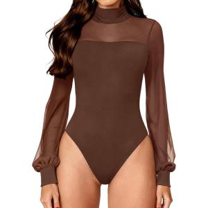imageAvidlove Long Sleeve Body Suits Womens Mesh Turtleneck Bodysuit Thong Dressy Going Out Bodysuits Top Fall OutfitsBrown