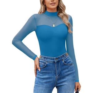 imageAvidlove Long Sleeve Bodysuits for Women Mock Neck Sheer Mesh Sleeve Bodysuit Double Lined Leotards Shirt Going Out TopBlue