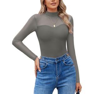 imageAvidlove Long Sleeve Bodysuits for Women Mock Neck Sheer Mesh Sleeve Bodysuit Double Lined Leotards Shirt Going Out TopDark Grey