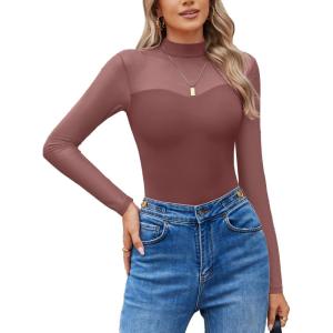 imageAvidlove Long Sleeve Bodysuits for Women Mock Neck Sheer Mesh Sleeve Bodysuit Double Lined Leotards Shirt Going Out TopDark Purple Red