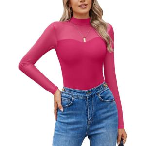 imageAvidlove Long Sleeve Bodysuits for Women Mock Neck Sheer Mesh Sleeve Bodysuit Double Lined Leotards Shirt Going Out TopRose Red