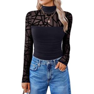 imageAvidlove Women Long Sleeve Bodysuit Turtle Neck Shapewear Body Suits Mesh One Piece Leotard Shirt Going Out Tops Fall OutfitsGeometric Pattern