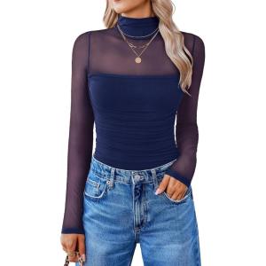 imageAvidlove Women Long Sleeve Bodysuit Turtle Neck Shapewear Body Suits Mesh One Piece Leotard Shirt Going Out Tops Fall OutfitsNavy Blue