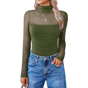 imageAvidlove Women Long Sleeve Bodysuit Turtle Neck Shapewear Body Suits Mesh One Piece Leotard Shirt Going Out Tops Fall OutfitsOlive Green