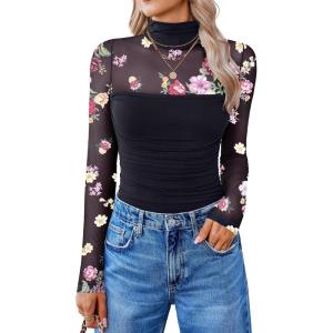 imageAvidlove Women Long Sleeve Bodysuit Turtle Neck Shapewear Body Suits Mesh One Piece Leotard Shirt Going Out Tops Fall OutfitsPrint Flower