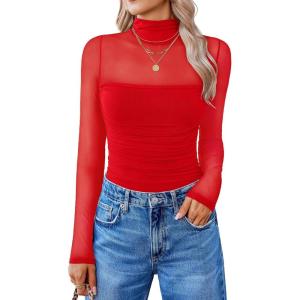 imageAvidlove Women Long Sleeve Bodysuit Turtle Neck Shapewear Body Suits Mesh One Piece Leotard Shirt Going Out Tops Fall OutfitsRed