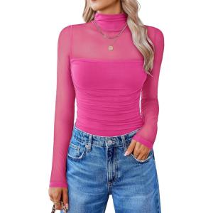 imageAvidlove Women Long Sleeve Bodysuit Turtle Neck Shapewear Body Suits Mesh One Piece Leotard Shirt Going Out Tops Fall OutfitsRose Red