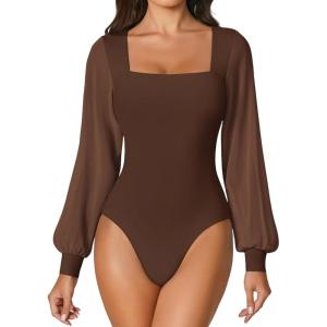 imageAvidlove Women Puff Long Sleeve Bodysuit Mesh Square Neck Thong Sexy Body Suits Double Lined LeotardsBrown