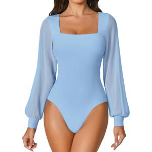 imageAvidlove Women Puff Long Sleeve Bodysuit Mesh Square Neck Thong Sexy Body Suits Double Lined LeotardsLight Blue