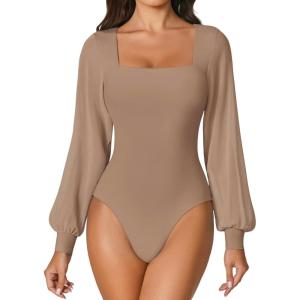 imageAvidlove Women Puff Long Sleeve Bodysuit Mesh Square Neck Thong Sexy Body Suits Double Lined LeotardsNude