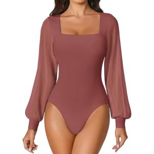 imageAvidlove Women Puff Long Sleeve Bodysuit Mesh Square Neck Thong Sexy Body Suits Double Lined LeotardsPurple Red