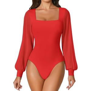 imageAvidlove Women Puff Long Sleeve Bodysuit Mesh Square Neck Thong Sexy Body Suits Double Lined LeotardsRed