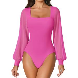 imageAvidlove Women Puff Long Sleeve Bodysuit Mesh Square Neck Thong Sexy Body Suits Double Lined LeotardsRose Red