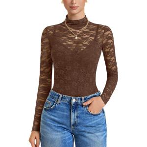 imageAvidlove Womens Long Sleeve Bodysuit Lace Tops Turtle Neck Shapewear Body Suits Going Out Top Fall Outfits Two Piece SetBrown
