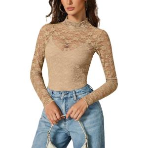 imageAvidlove Womens Long Sleeve Bodysuit Lace Tops Turtle Neck Shapewear Body Suits Going Out Top Fall Outfits Two Piece SetChampagne