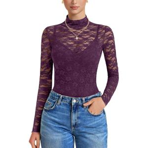 imageAvidlove Womens Long Sleeve Bodysuit Lace Tops Turtle Neck Shapewear Body Suits Going Out Top Fall Outfits Two Piece SetDark Purple