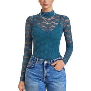 imageAvidlove Womens Long Sleeve Bodysuit Lace Tops Turtle Neck Shapewear Body Suits Going Out Top Fall Outfits Two Piece SetDeep Blue