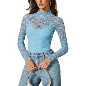 imageAvidlove Womens Long Sleeve Bodysuit Lace Tops Turtle Neck Shapewear Body Suits Going Out Top Fall Outfits Two Piece SetLight Blue