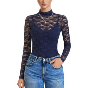 imageAvidlove Womens Long Sleeve Bodysuit Lace Tops Turtle Neck Shapewear Body Suits Going Out Top Fall Outfits Two Piece SetNavy Blue
