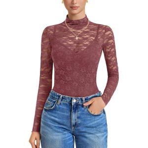 imageAvidlove Womens Long Sleeve Bodysuit Lace Tops Turtle Neck Shapewear Body Suits Going Out Top Fall Outfits Two Piece SetPurple Red
