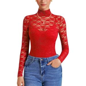 imageAvidlove Womens Long Sleeve Bodysuit Lace Tops Turtle Neck Shapewear Body Suits Going Out Top Fall Outfits Two Piece SetRed