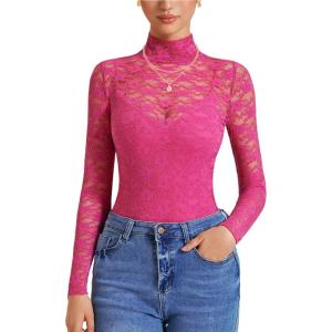 imageAvidlove Womens Long Sleeve Bodysuit Lace Tops Turtle Neck Shapewear Body Suits Going Out Top Fall Outfits Two Piece SetRose Red