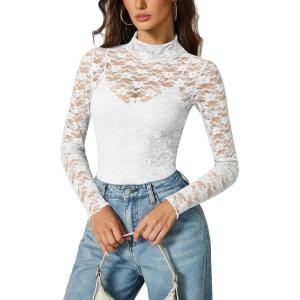 imageAvidlove Womens Long Sleeve Bodysuit Lace Tops Turtle Neck Shapewear Body Suits Going Out Top Fall Outfits Two Piece SetWhite