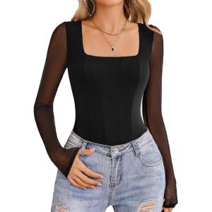 imageAvidlove Womens Long Sleeve Bodysuits Square Neck One Piece Body Suit Mesh Leotard Tops Double Lined SoftBlack