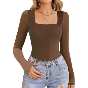 imageAvidlove Womens Long Sleeve Bodysuits Square Neck One Piece Body Suit Mesh Leotard Tops Double Lined SoftBrown