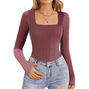 imageAvidlove Womens Long Sleeve Bodysuits Square Neck One Piece Body Suit Mesh Leotard Tops Double Lined SoftPurple Red