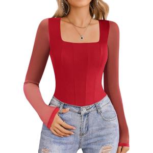 imageAvidlove Womens Long Sleeve Bodysuits Square Neck One Piece Body Suit Mesh Leotard Tops Double Lined SoftRed