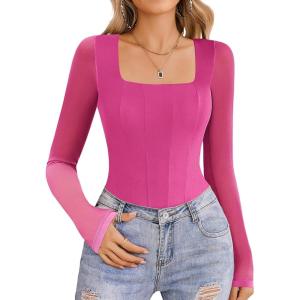 imageAvidlove Womens Long Sleeve Bodysuits Square Neck One Piece Body Suit Mesh Leotard Tops Double Lined SoftRose Red