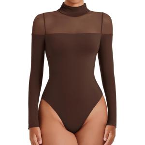 imageAvidlove Womens Long Sleeve Bodysuits Thong Turtle Neck Body Suit Mesh Going Out Leotard Tops One PieceBrown
