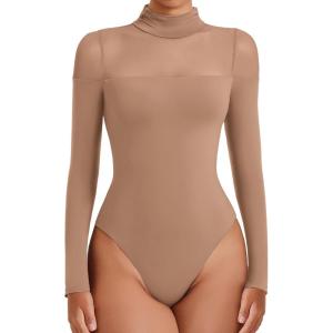 imageAvidlove Womens Long Sleeve Bodysuits Thong Turtle Neck Body Suit Mesh Going Out Leotard Tops One PieceNude