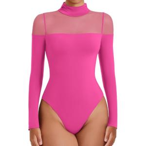 imageAvidlove Womens Long Sleeve Bodysuits Thong Turtle Neck Body Suit Mesh Going Out Leotard Tops One PiecePink