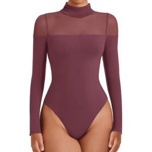 imageAvidlove Womens Long Sleeve Bodysuits Thong Turtle Neck Body Suit Mesh Going Out Leotard Tops One PiecePurple Red