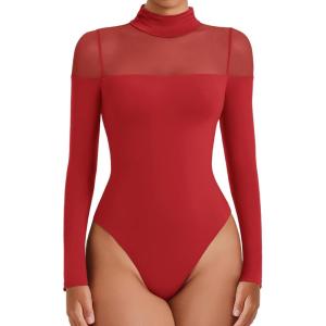 imageAvidlove Womens Long Sleeve Bodysuits Thong Turtle Neck Body Suit Mesh Going Out Leotard Tops One PieceRed