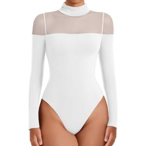 imageAvidlove Womens Long Sleeve Bodysuits Thong Turtle Neck Body Suit Mesh Going Out Leotard Tops One PieceWhite