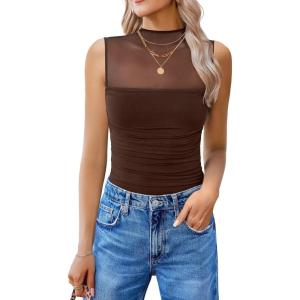 imageAvidlove Womens Mock Neck Mesh Bodysuit Ruched Tank Body Suits Top Sheer One Piece Going Out Tops Classy OutfitsBrown