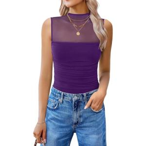 imageAvidlove Womens Mock Neck Mesh Bodysuit Ruched Tank Body Suits Top Sheer One Piece Going Out Tops Classy OutfitsDark Purple