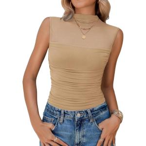 imageAvidlove Womens Mock Neck Mesh Bodysuit Ruched Tank Body Suits Top Sheer One Piece Going Out Tops Classy OutfitsNude